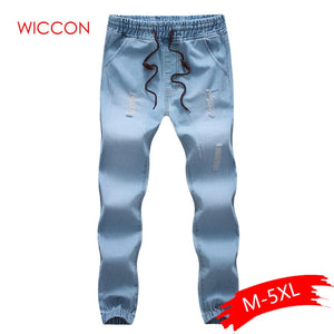 2019 Fashion Mens Cotton Stretch Jeans Slim Fit Denim Trousers Casual Jeans Men Biker Joggers Large Size Hole Drawstring Pants