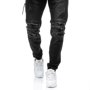 Men's plus-size cotton jeans new denim trousers men's slim solid color high-grade spring autumn ripped 80s pants