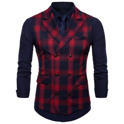 British Style Men's Plaid Business Suit Vest Men Cotton Cardigan Slim Vest For Male Black Red Green Spring M-4XL