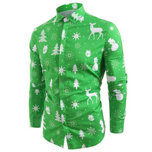Funnyshirt Printed Long Sleeve Button Men Clothes Casual Snowflakes Christmas deer Printed Christmas Shirt New Year Party Blouse