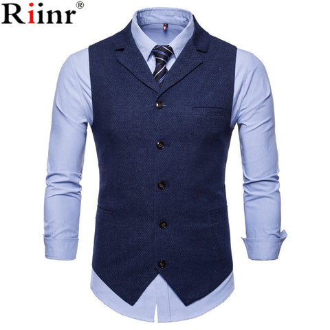 Riinr New Men's Business Casual Slim Fit Vests High Quality Spring Autumn Fashion Solid Color Single Buttons Men Vests Male Suit